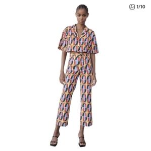 Zara Printed Crop Linen Top & Straight Cut Pants Set Multicolor Size Medium